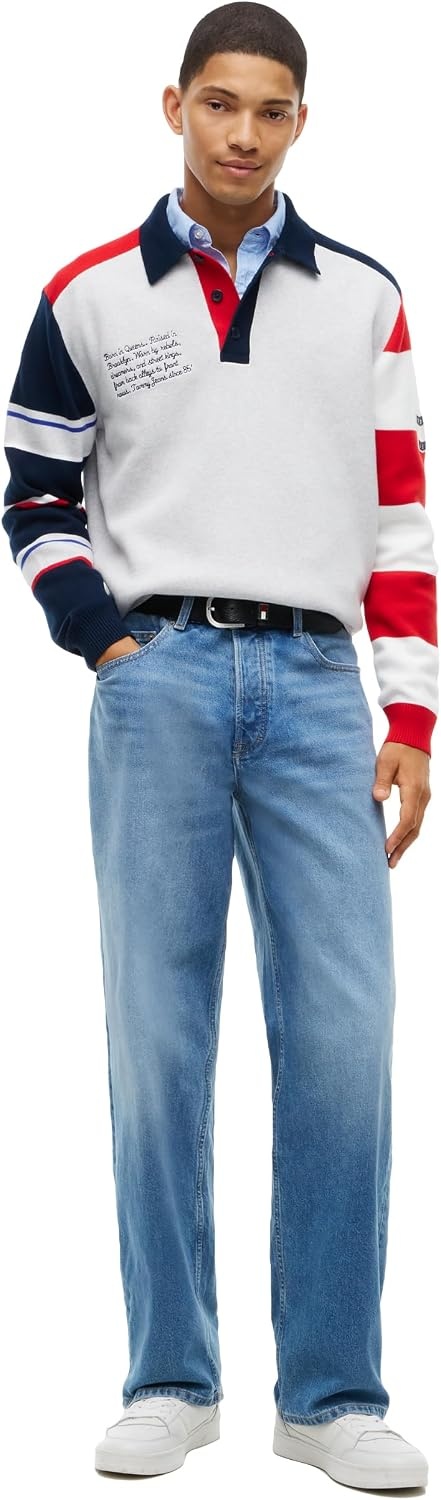 image:imageTommy Jeans Mens Long Sleeve Cotton Knit Rugby Polo Shirt in Regular FitIce Grey Heather Multi