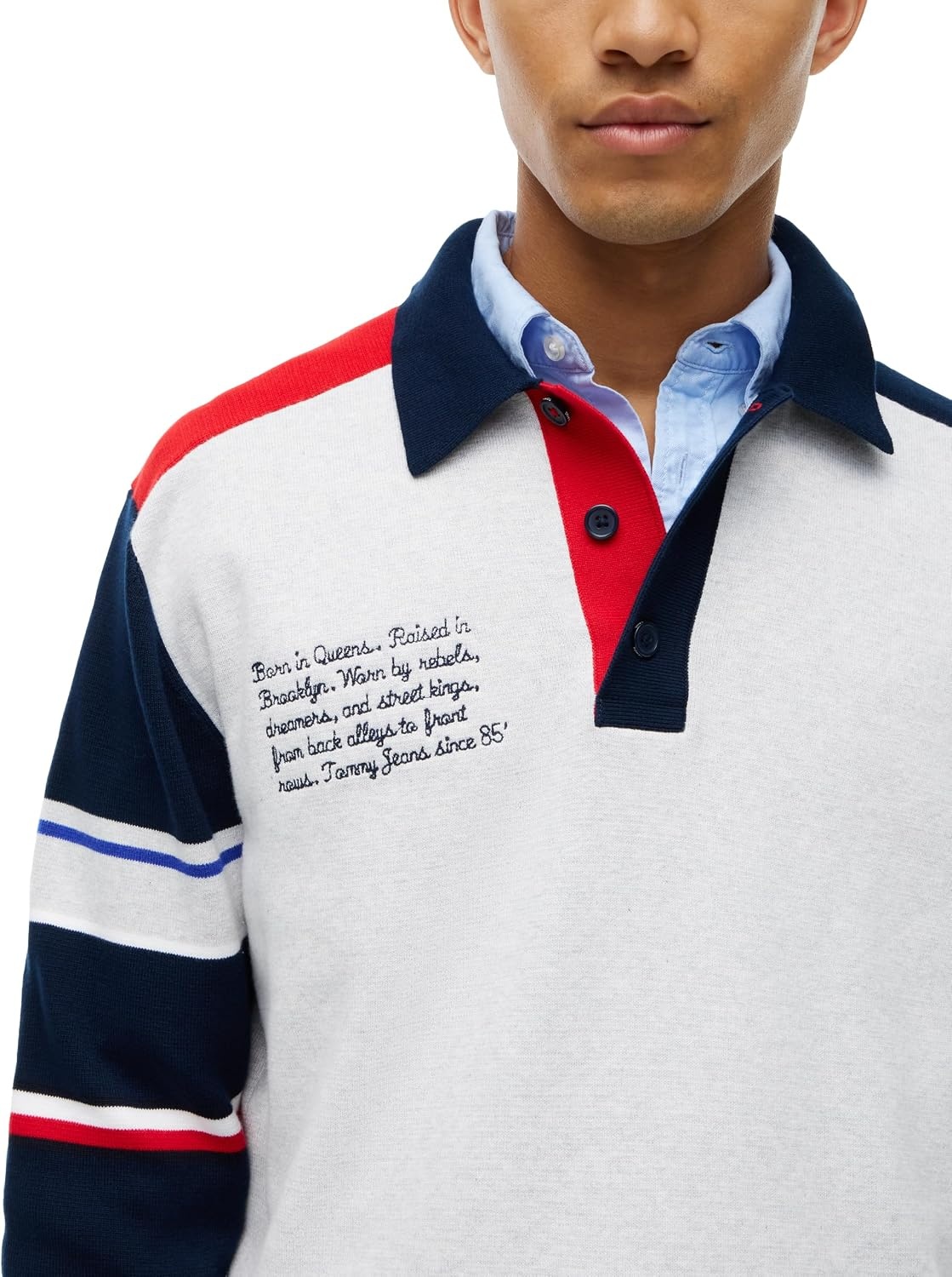 image:imageTommy Jeans Mens Long Sleeve Cotton Knit Rugby Polo Shirt in Regular FitIce Grey Heather Multi