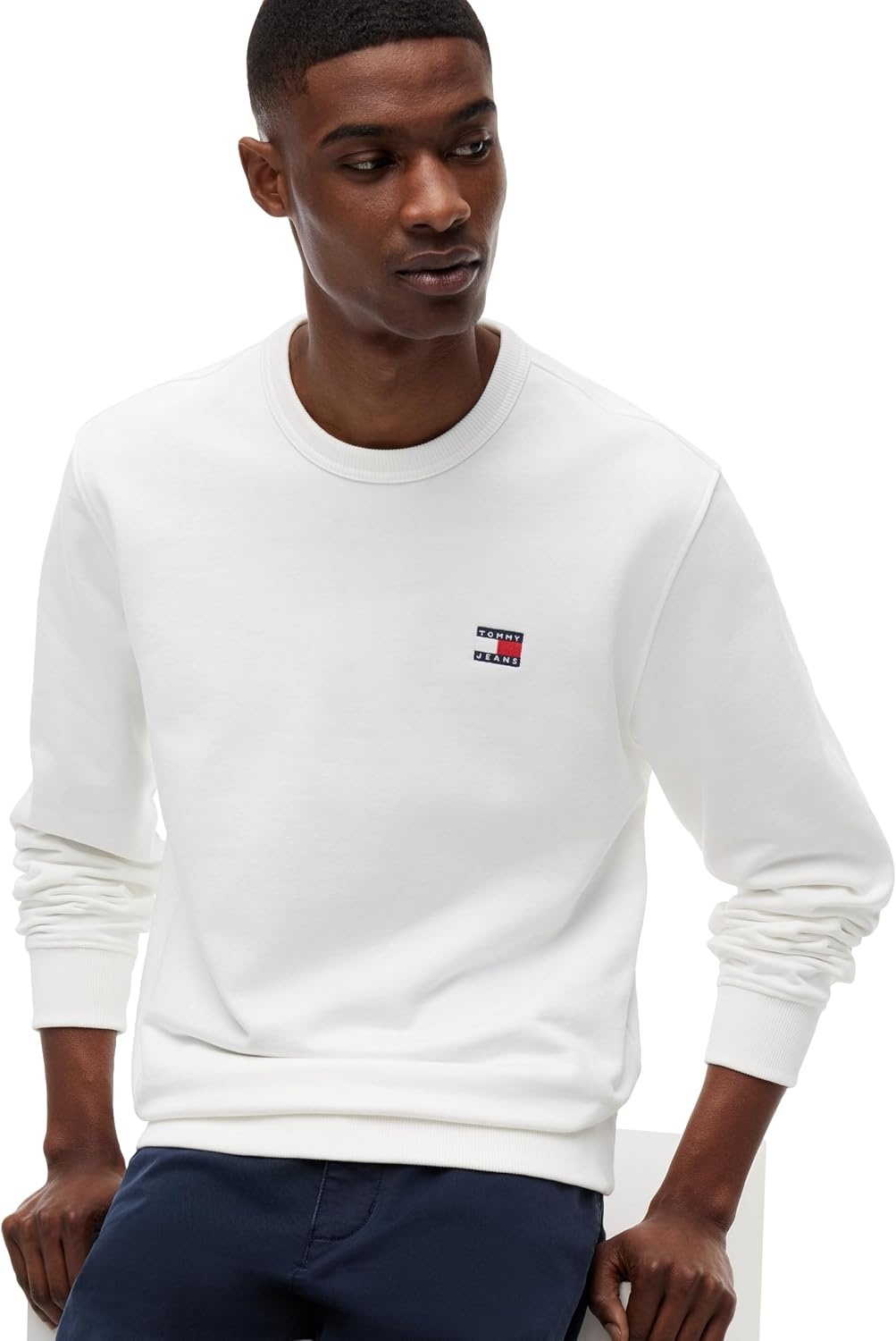 image:imageTommy Jeans Mens Medium Weight Crewneck Sweatshirt With Embroidered Flag LogoEcru