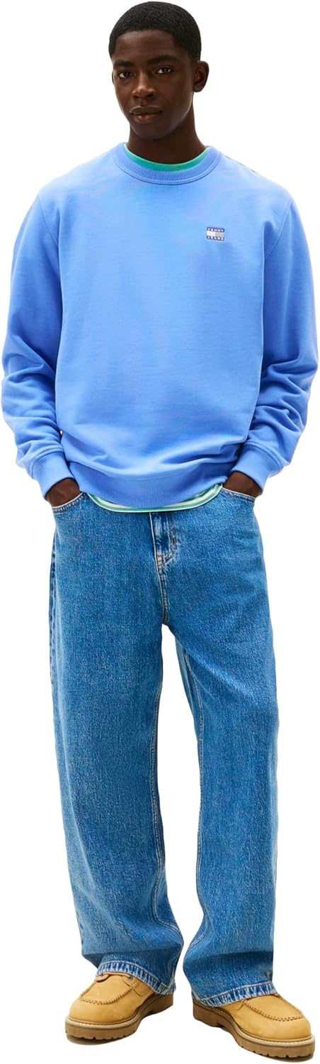 image:imageTommy Jeans Mens Medium Weight Crewneck Sweatshirt With Embroidered Flag LogoLight Horizon Blue Heather