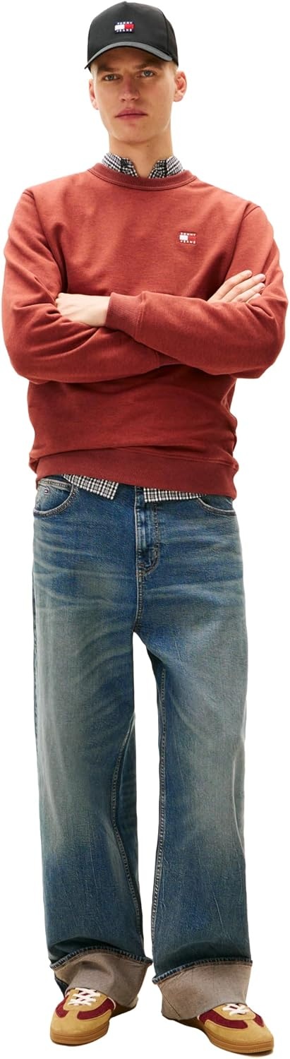 image:imageTommy Jeans Mens Medium Weight Crewneck Sweatshirt With Embroidered Flag LogoTerracotta Red Heather