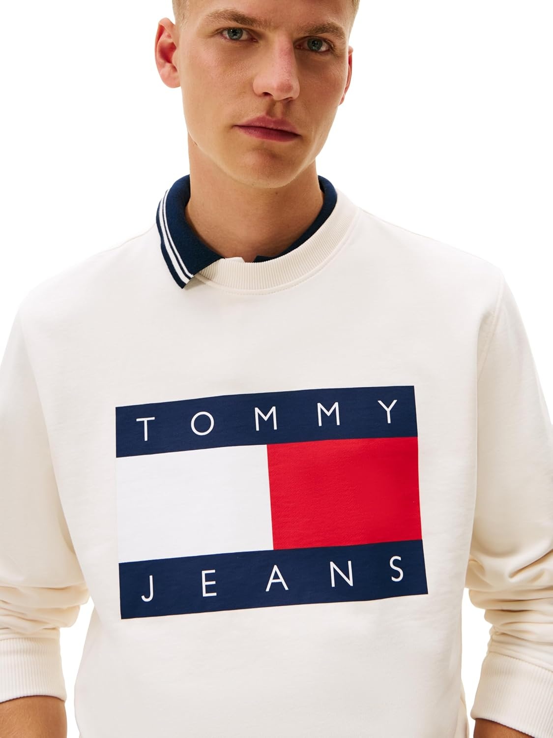 image:imageTommy Jeans Mens Medium Weight Crewneck Sweatshirt With Printed Flag LogoAncient White