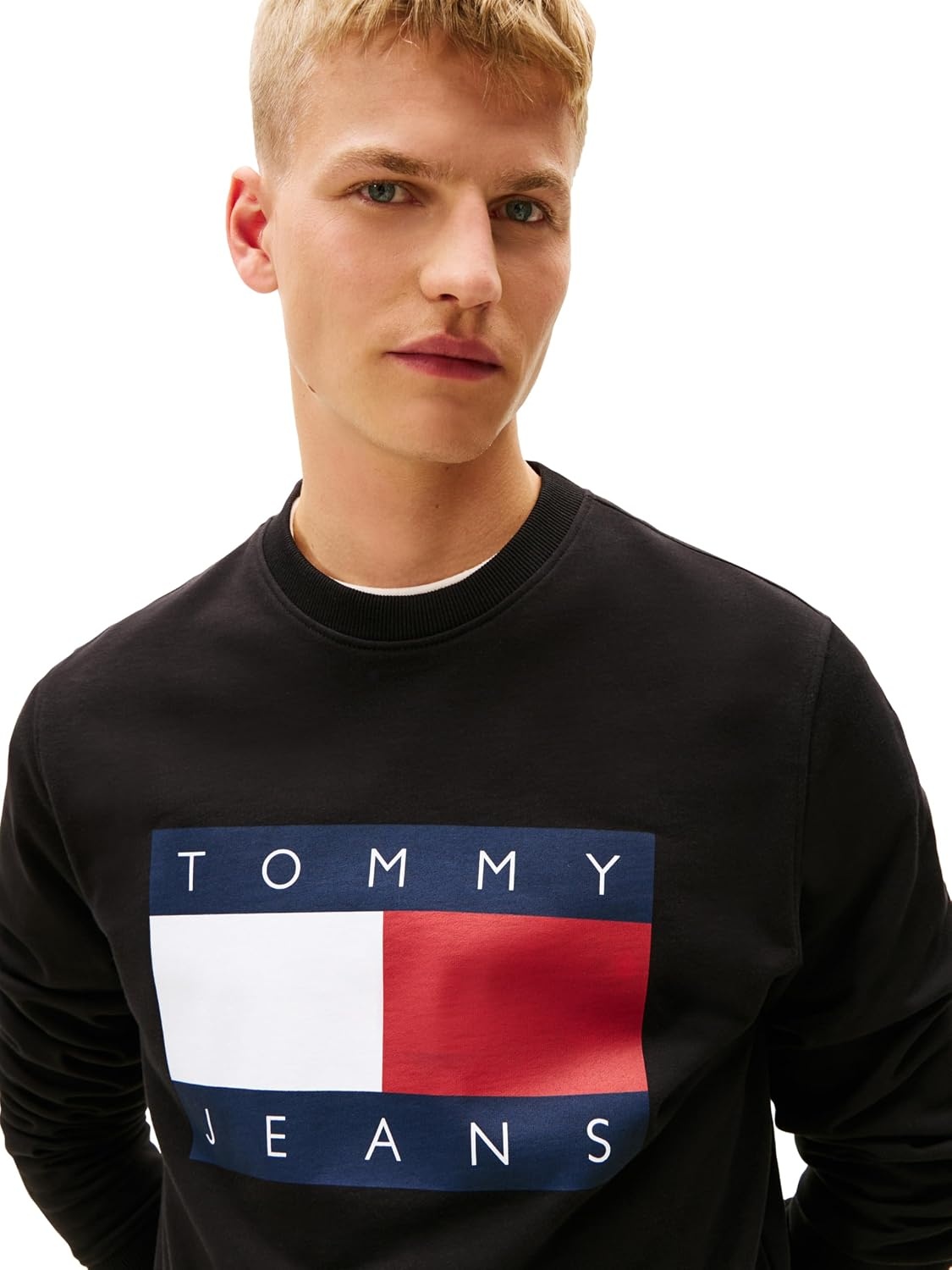 image:imageTommy Jeans Mens Medium Weight Crewneck Sweatshirt With Printed Flag LogoBlack