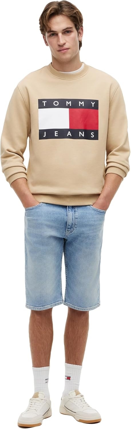image:imageTommy Jeans Mens Medium Weight Crewneck Sweatshirt With Printed Flag LogoGentle Gold