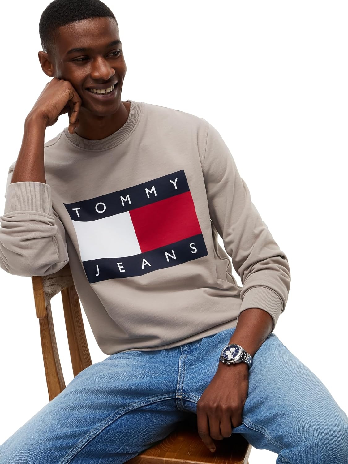 image:imageTommy Jeans Mens Medium Weight Crewneck Sweatshirt With Printed Flag LogoLimestone Dust