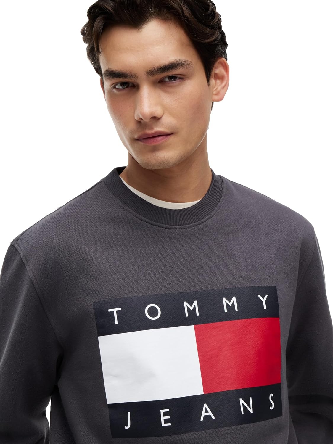image:imageTommy Jeans Mens Medium Weight Crewneck Sweatshirt With Printed Flag LogoWashed Black
