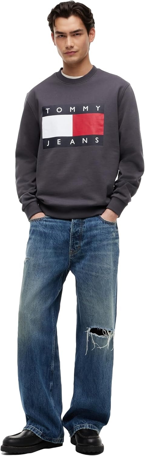 image:imageTommy Jeans Mens Medium Weight Crewneck Sweatshirt With Printed Flag LogoWashed Black