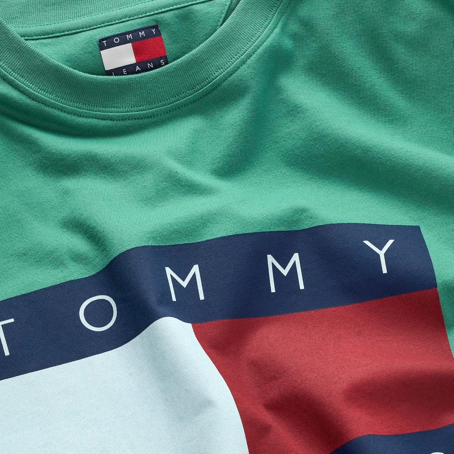 image:imageTommy Jeans Mens Short Sleeve Cotton Graphic TShirts with Big Flag Logo DesignBahama Green