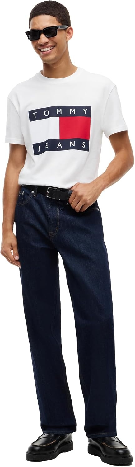 image:imageTommy Jeans Mens Short Sleeve Cotton Graphic TShirts with Big Flag Logo DesignEcru