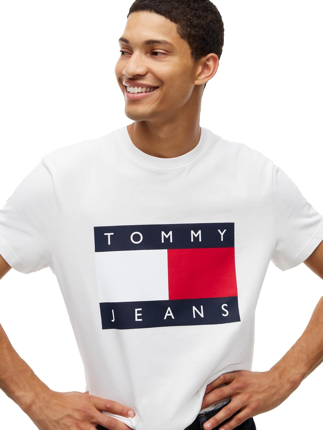image:imageTommy Jeans Mens Short Sleeve Cotton Graphic TShirts with Big Flag Logo DesignEcru