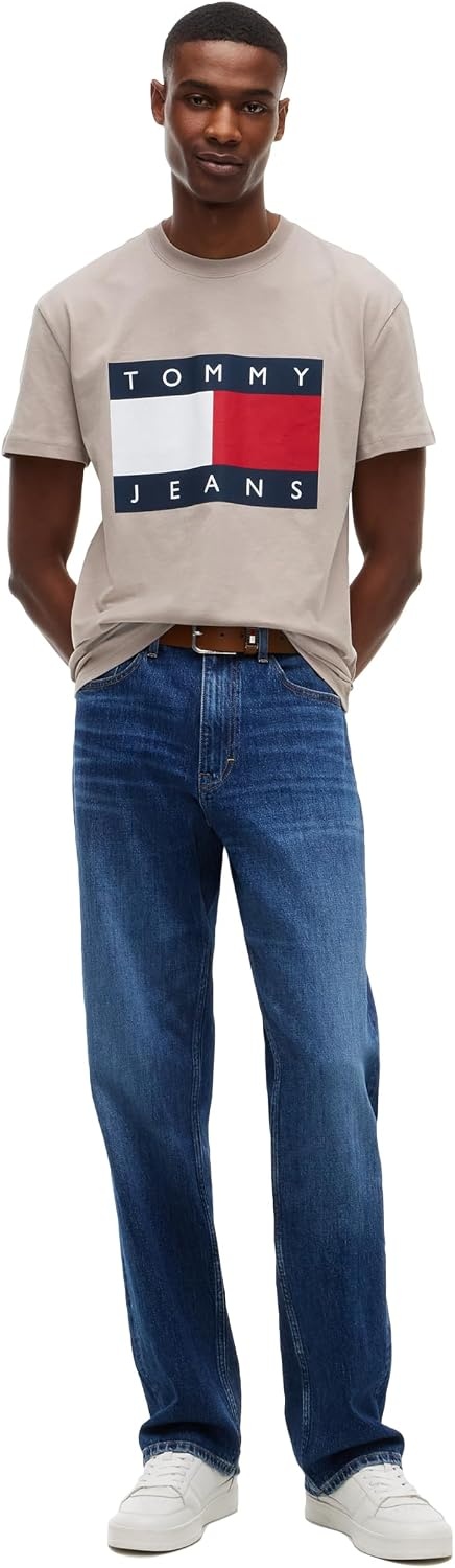 image:imageTommy Jeans Mens Short Sleeve Cotton Graphic TShirts with Big Flag Logo DesignLimestone Dust