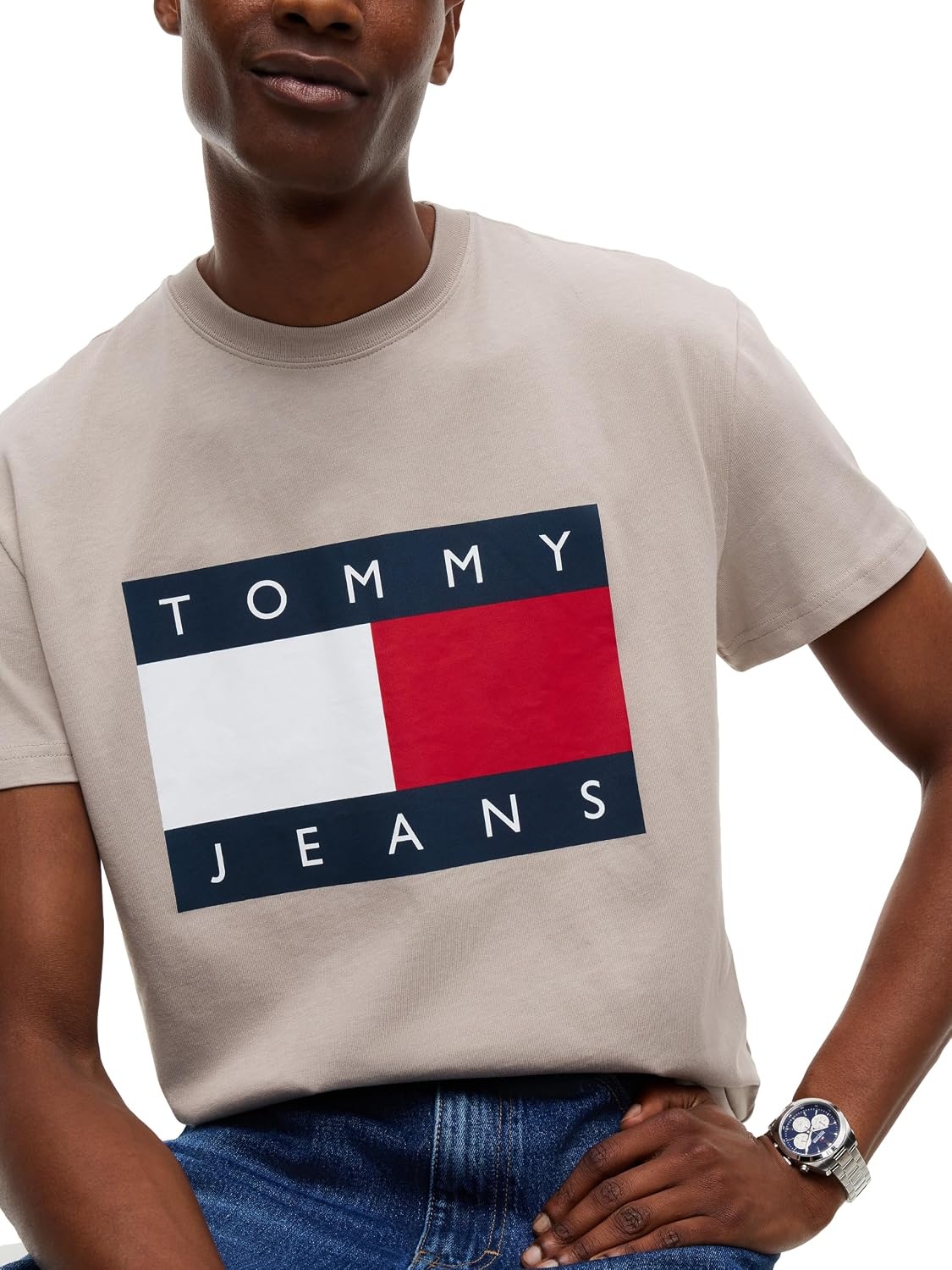 image:imageTommy Jeans Mens Short Sleeve Cotton Graphic TShirts with Big Flag Logo DesignLimestone Dust