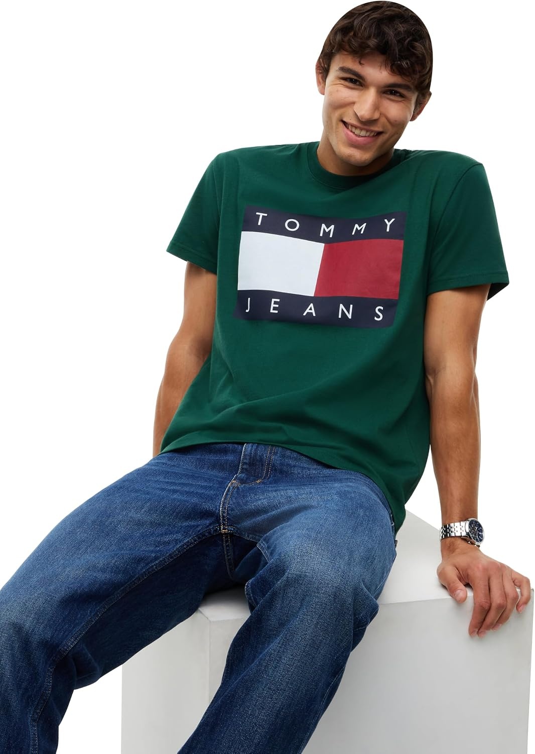 image:imageTommy Jeans Mens Short Sleeve Cotton Graphic TShirts with Big Flag Logo DesignVelvet Green