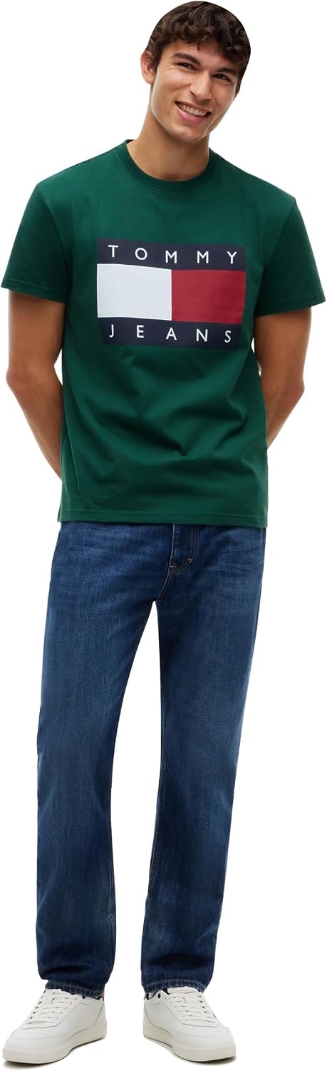 image:imageTommy Jeans Mens Short Sleeve Cotton Graphic TShirts with Big Flag Logo DesignVelvet Green