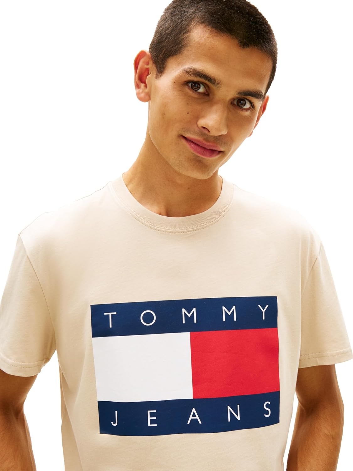 image:imageTommy Jeans Mens Short Sleeve Cotton Graphic TShirts with Big Flag Logo DesignWhite Clay