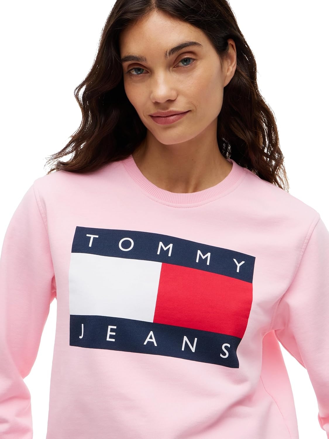 image:imageTommy Jeans Womens Medium Weight Cotton Graphic Crewneck Sweatshirt PulloverPink Sugar