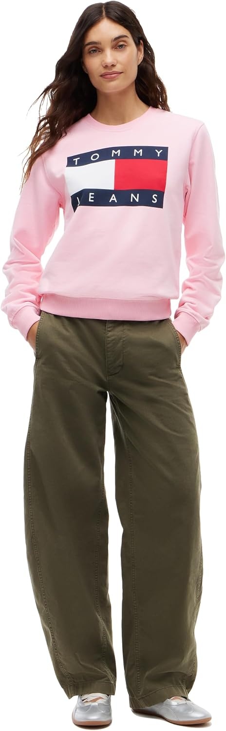 image:imageTommy Jeans Womens Medium Weight Cotton Graphic Crewneck Sweatshirt PulloverPink Sugar
