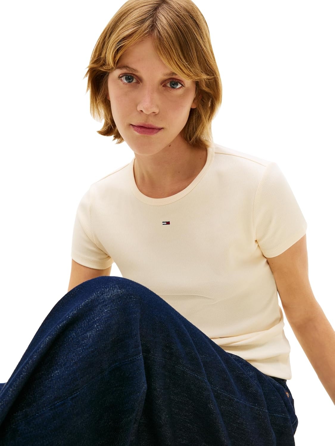 image:imageTommy Jeans Womens Ribbed Graphic Tee with Embroidered Flag DetailAlmost Yellow