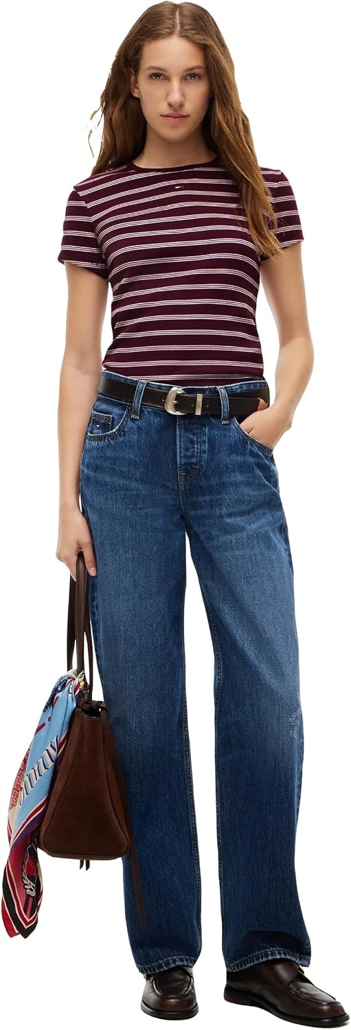 image:imageTommy Jeans Womens Ribbed Graphic Tee with Embroidered Flag DetailCalypso Berry Pink Stripe