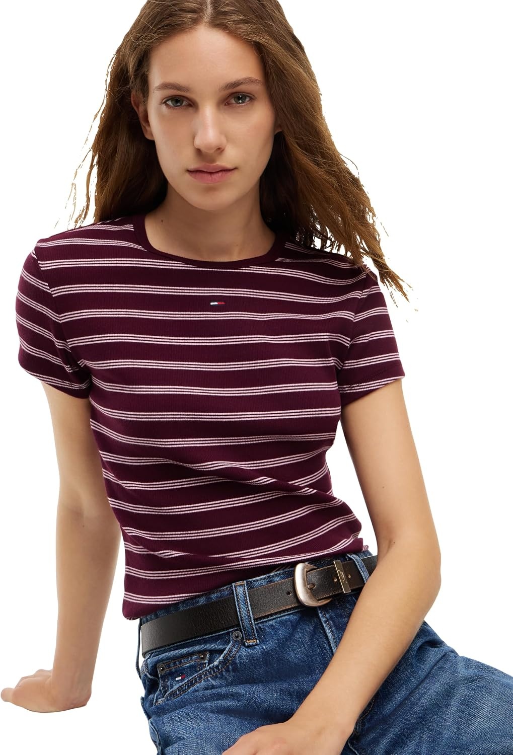 image:imageTommy Jeans Womens Ribbed Graphic Tee with Embroidered Flag DetailCalypso Berry Pink Stripe