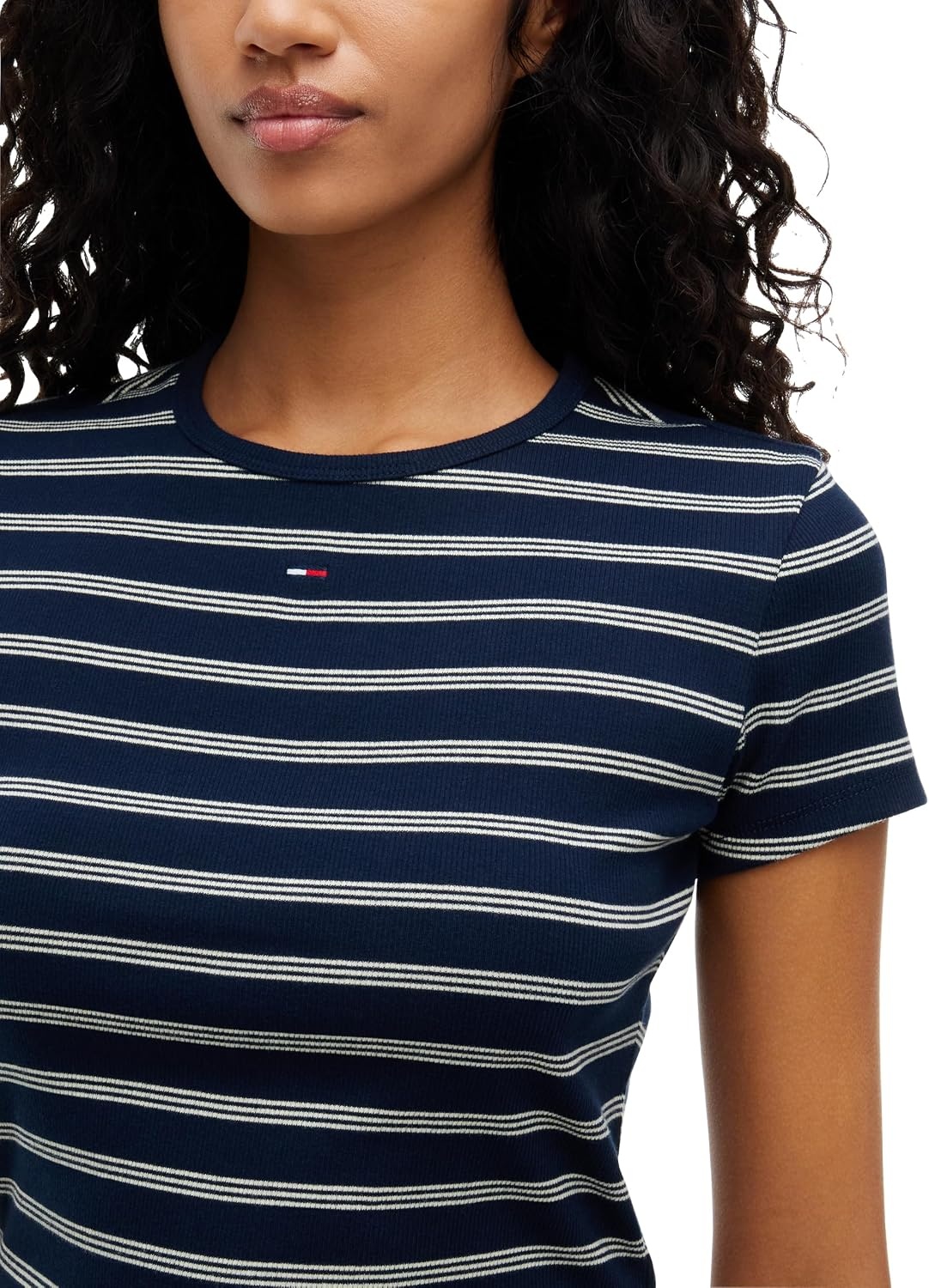 image:imageTommy Jeans Womens Ribbed Graphic Tee with Embroidered Flag DetailDark Blue Day Lily Stripe