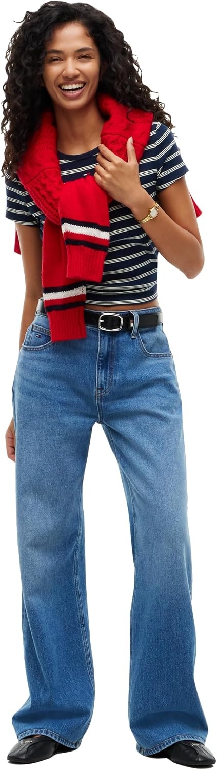 image:imageTommy Jeans Womens Ribbed Graphic Tee with Embroidered Flag DetailDark Blue Day Lily Stripe