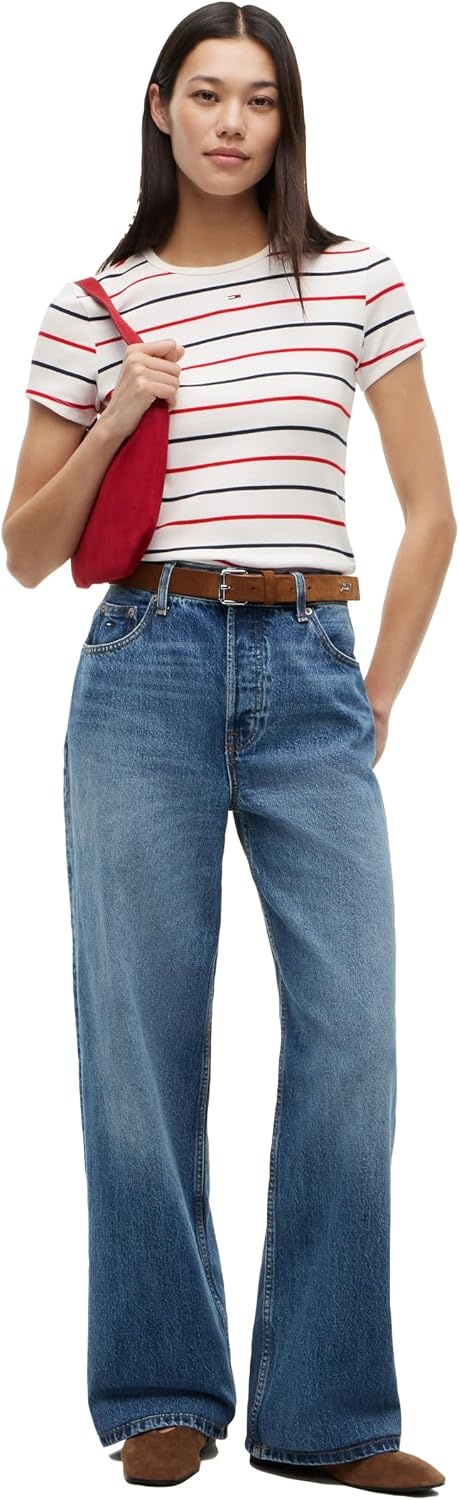 image:imageTommy Jeans Womens Ribbed Graphic Tee with Embroidered Flag DetailEcru Multi Stripe