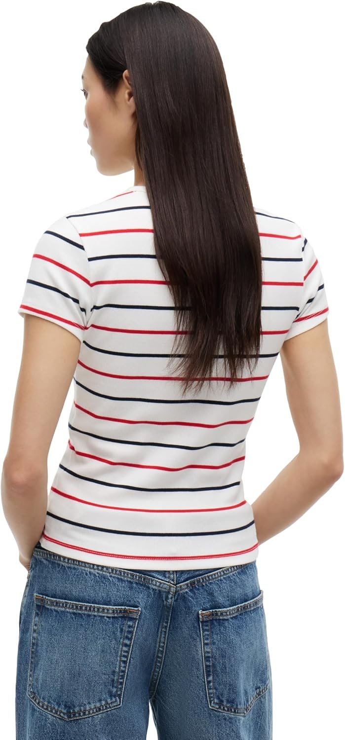 image:imageTommy Jeans Womens Ribbed Graphic Tee with Embroidered Flag DetailEcru Multi Stripe