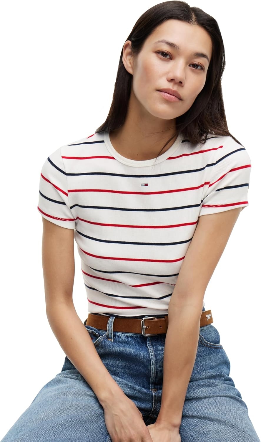 image:imageTommy Jeans Womens Ribbed Graphic Tee with Embroidered Flag DetailEcru Multi Stripe