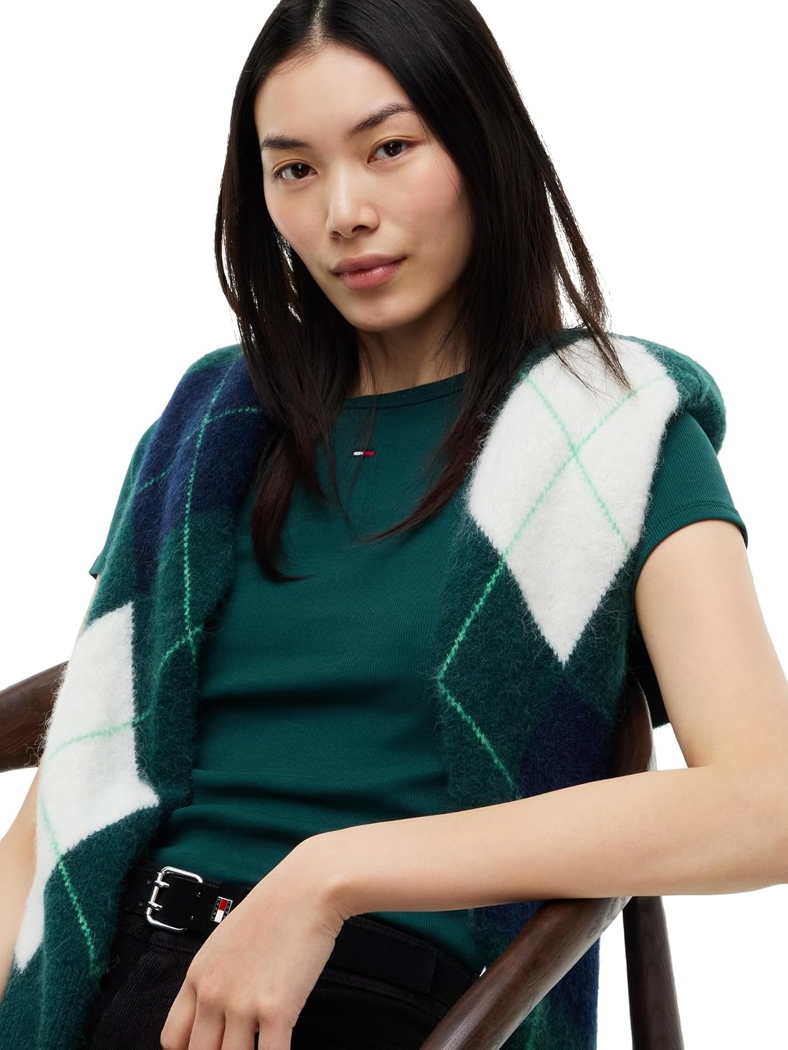 image:imageTommy Jeans Womens Ribbed Graphic Tee with Embroidered Flag DetailElegant Green
