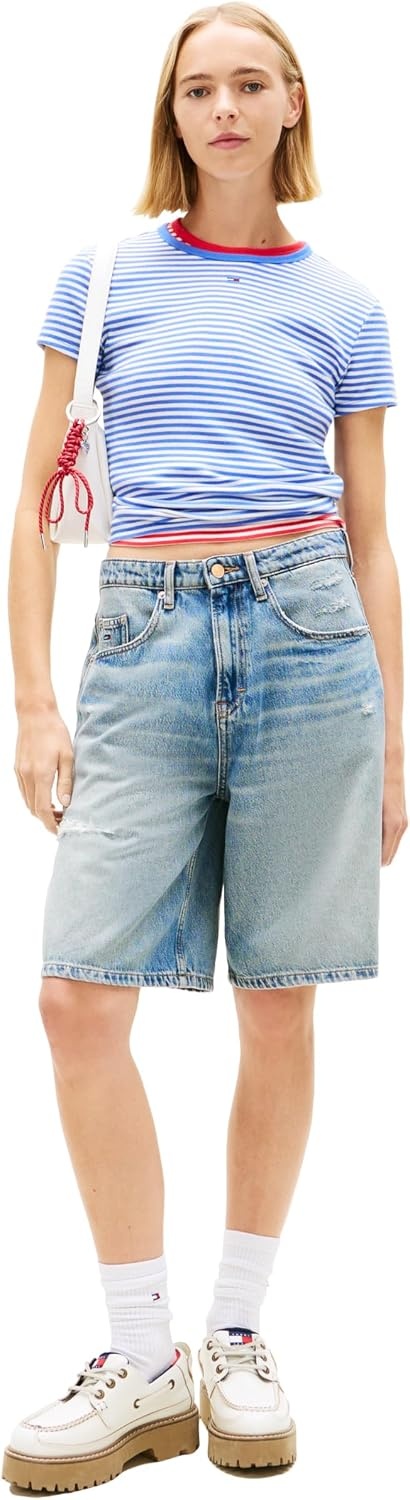image:imageTommy Jeans Womens Ribbed Graphic Tee with Embroidered Flag DetailEmpire Blue Stripe