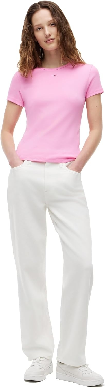 image:imageTommy Jeans Womens Ribbed Graphic Tee with Embroidered Flag DetailPink Daisy