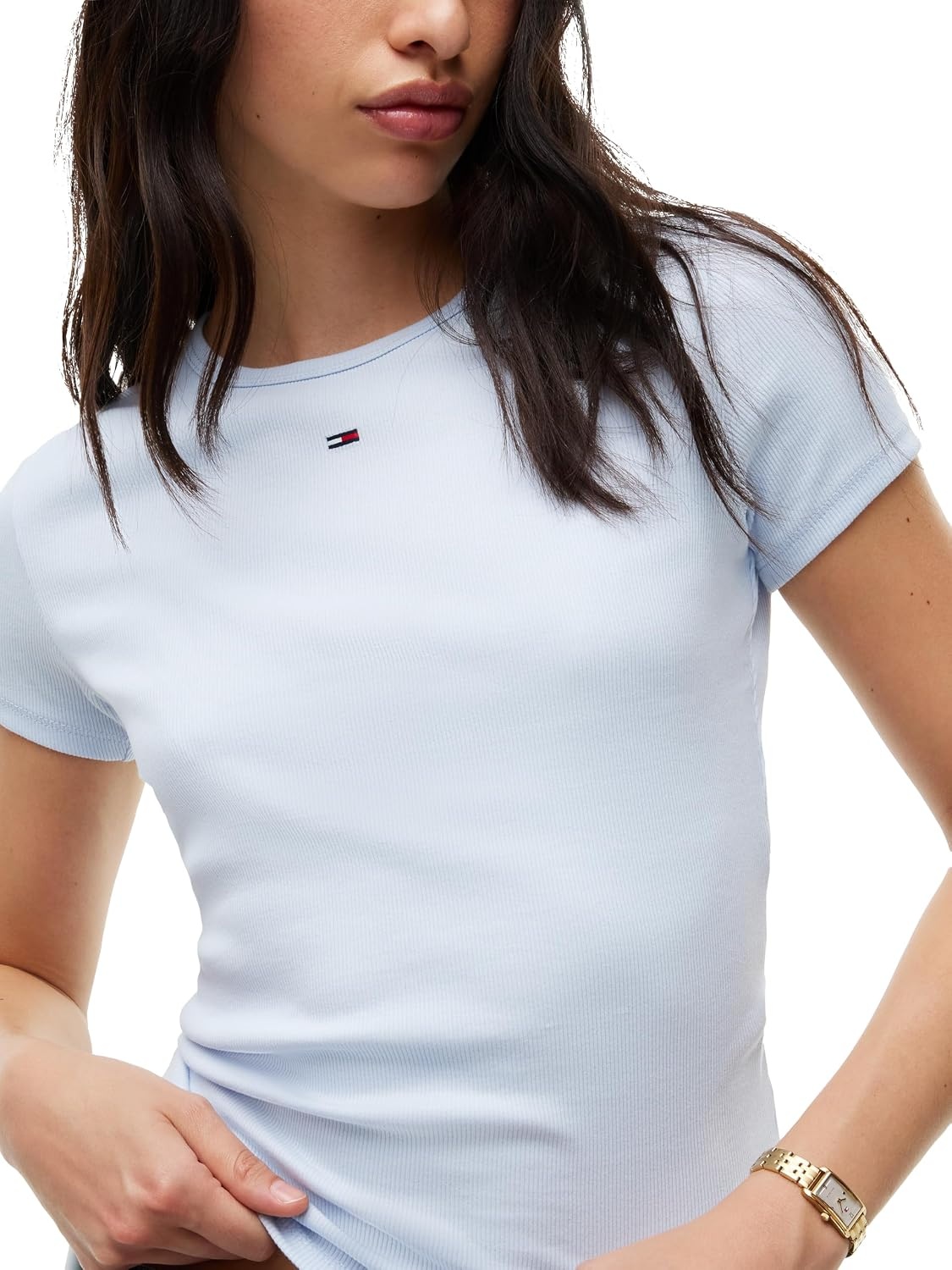 image:imageTommy Jeans Womens Ribbed Graphic Tee with Embroidered Flag DetailSheer Blue