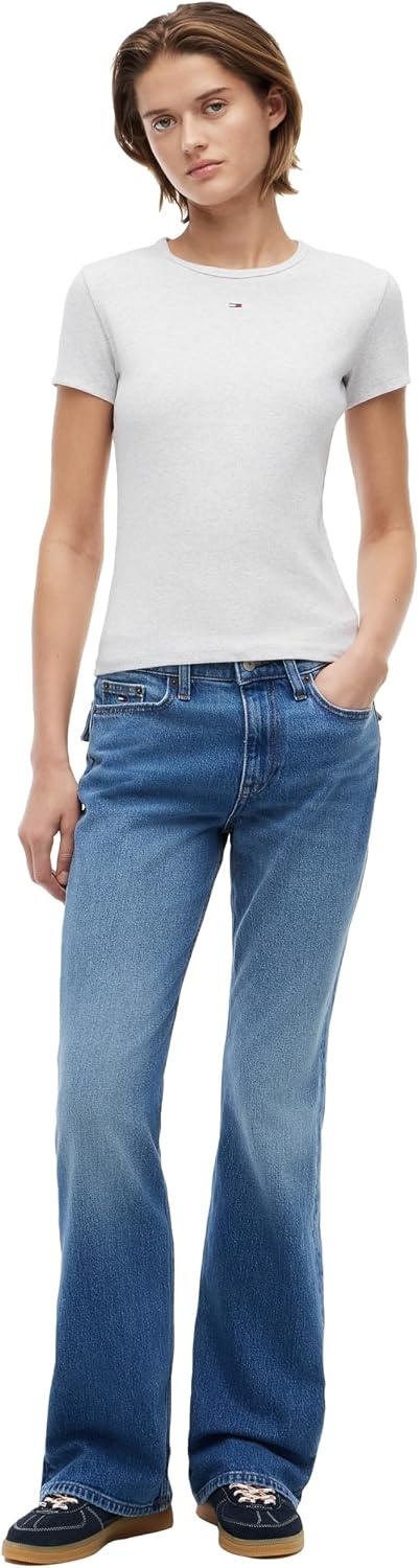 image:imageTommy Jeans Womens Ribbed Graphic Tee with Embroidered Flag DetailSilver Grey Heather