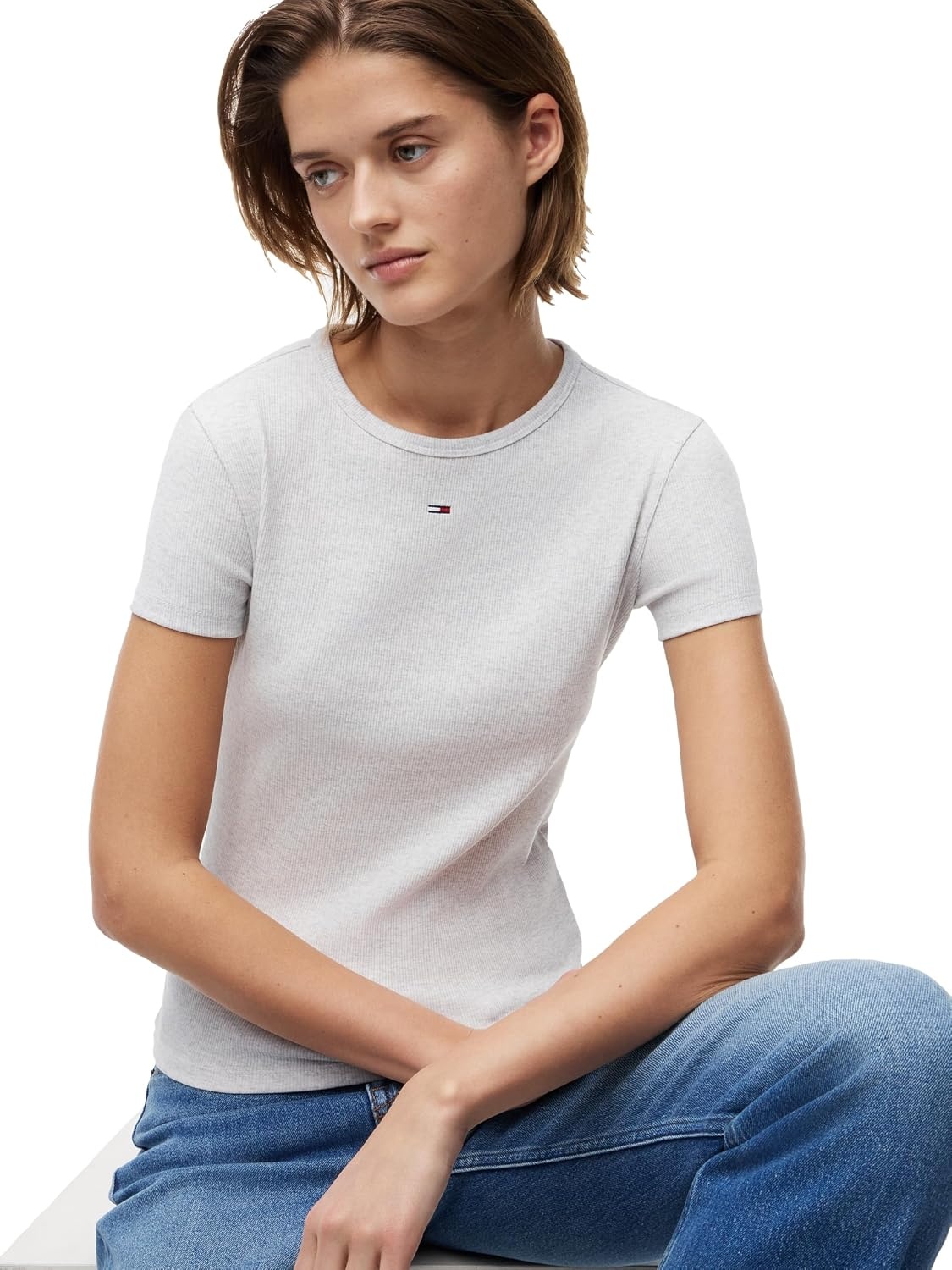 image:imageTommy Jeans Womens Ribbed Graphic Tee with Embroidered Flag DetailSilver Grey Heather