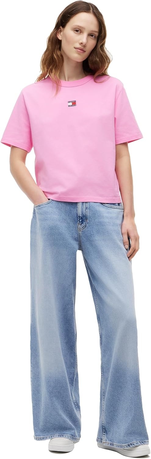 image:imageTommy Jeans Womens Short Sleeve Cotton Graphic TShirt with Embroidered Flag LogoPink Daisy