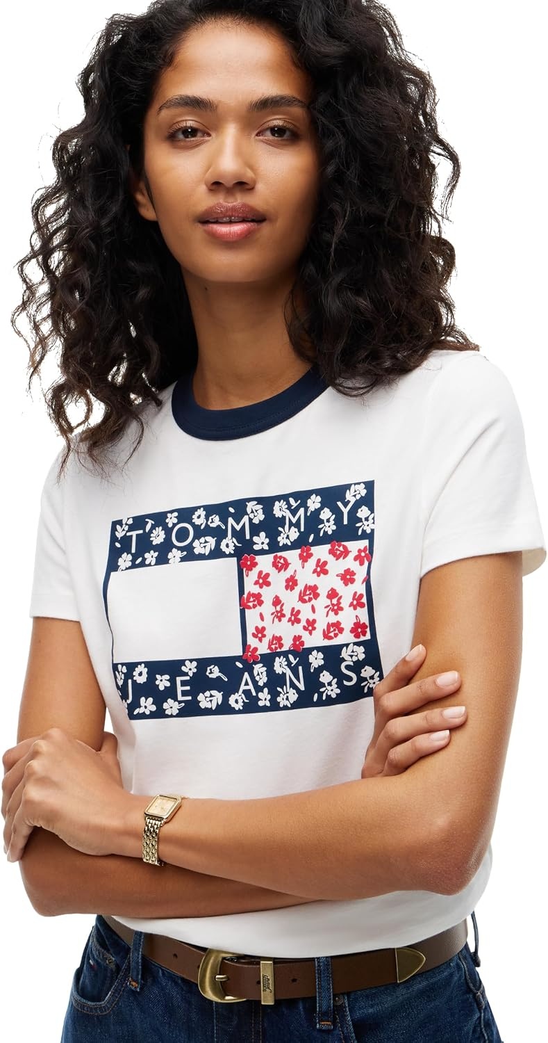 image:imageTommy Jeans Womens Short Sleeve Graphic TShirts with Contrast CollarOffwhite