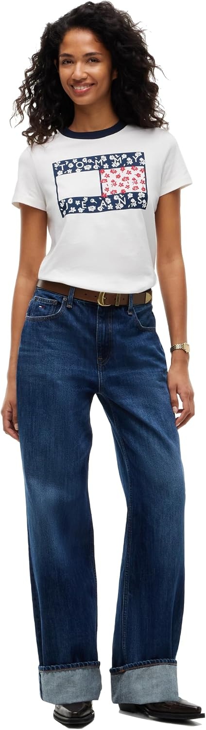 image:imageTommy Jeans Womens Short Sleeve Graphic TShirts with Contrast CollarOffwhite