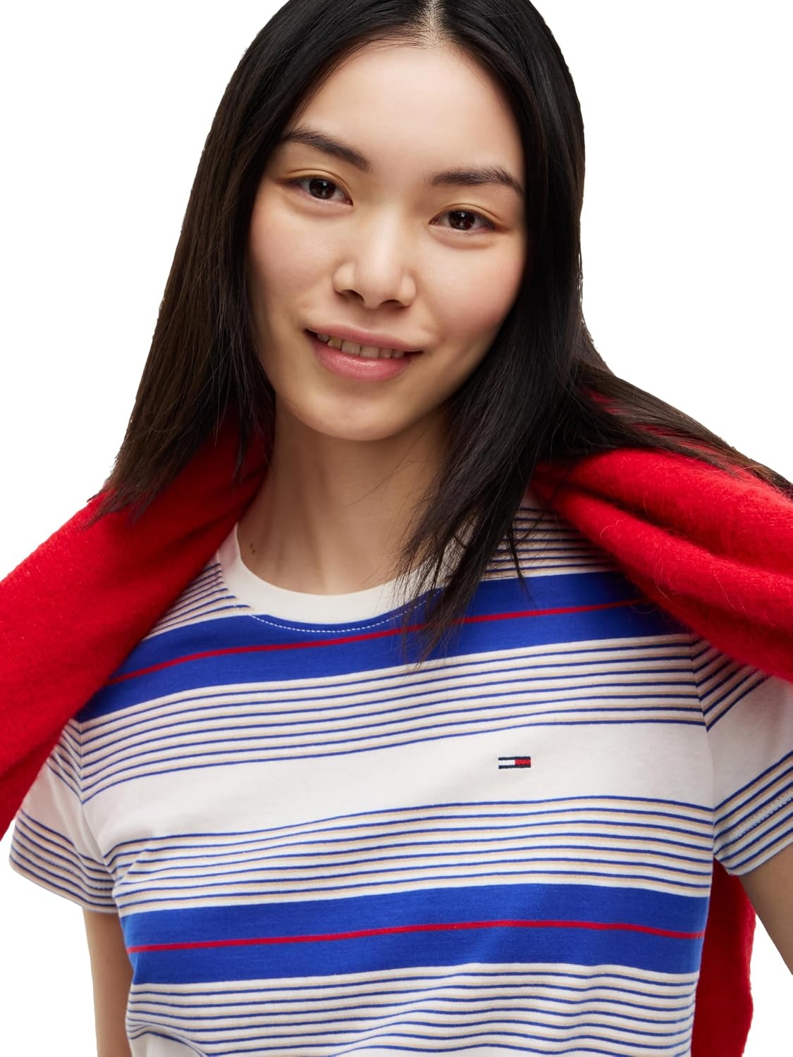 image:imageTommy Jeans Womens Short Sleeve Striped Cotton Jersey Graphic Crewneck TShirtsOff White Noble Blue Stripe