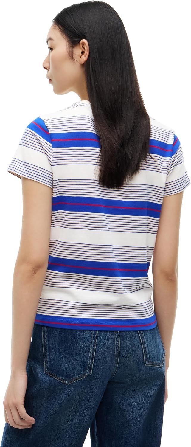 image:imageTommy Jeans Womens Short Sleeve Striped Cotton Jersey Graphic Crewneck TShirtsOff White Noble Blue Stripe