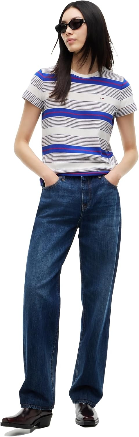 image:imageTommy Jeans Womens Short Sleeve Striped Cotton Jersey Graphic Crewneck TShirtsOff White Noble Blue Stripe