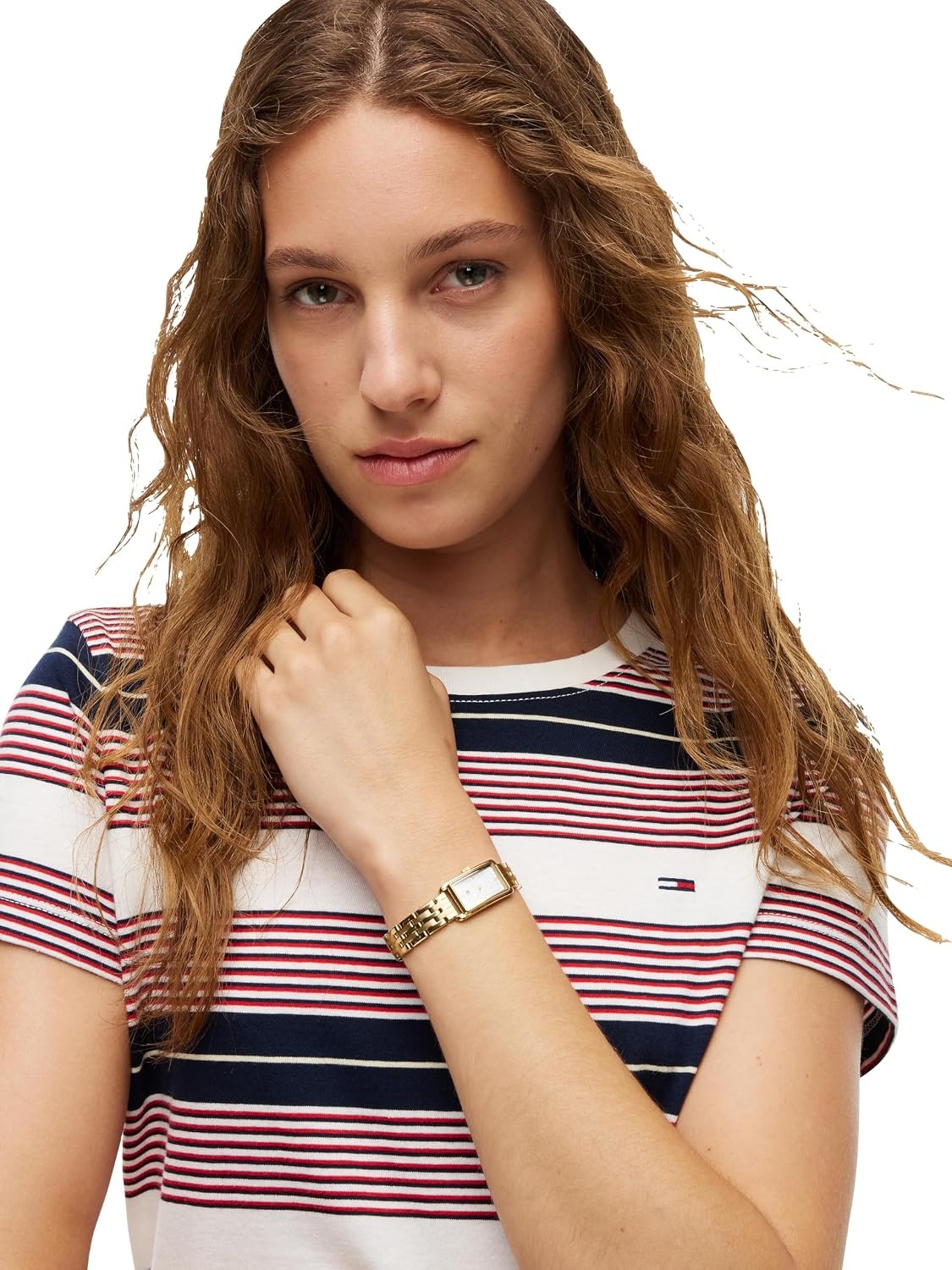 image:imageTommy Jeans Womens Short Sleeve Striped Cotton Jersey Graphic Crewneck TShirtsOff White Rwb Stripe