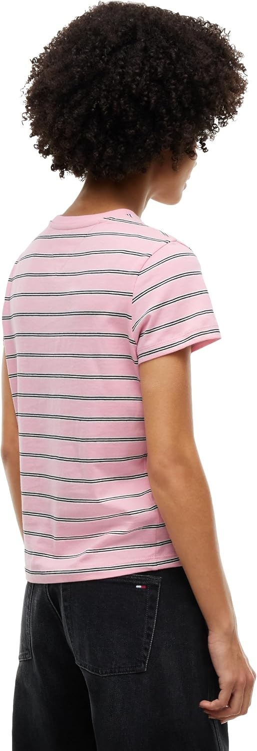 image:imageTommy Jeans Womens Short Sleeve Striped Cotton Jersey Graphic Crewneck TShirtsPink Sugar Stripe