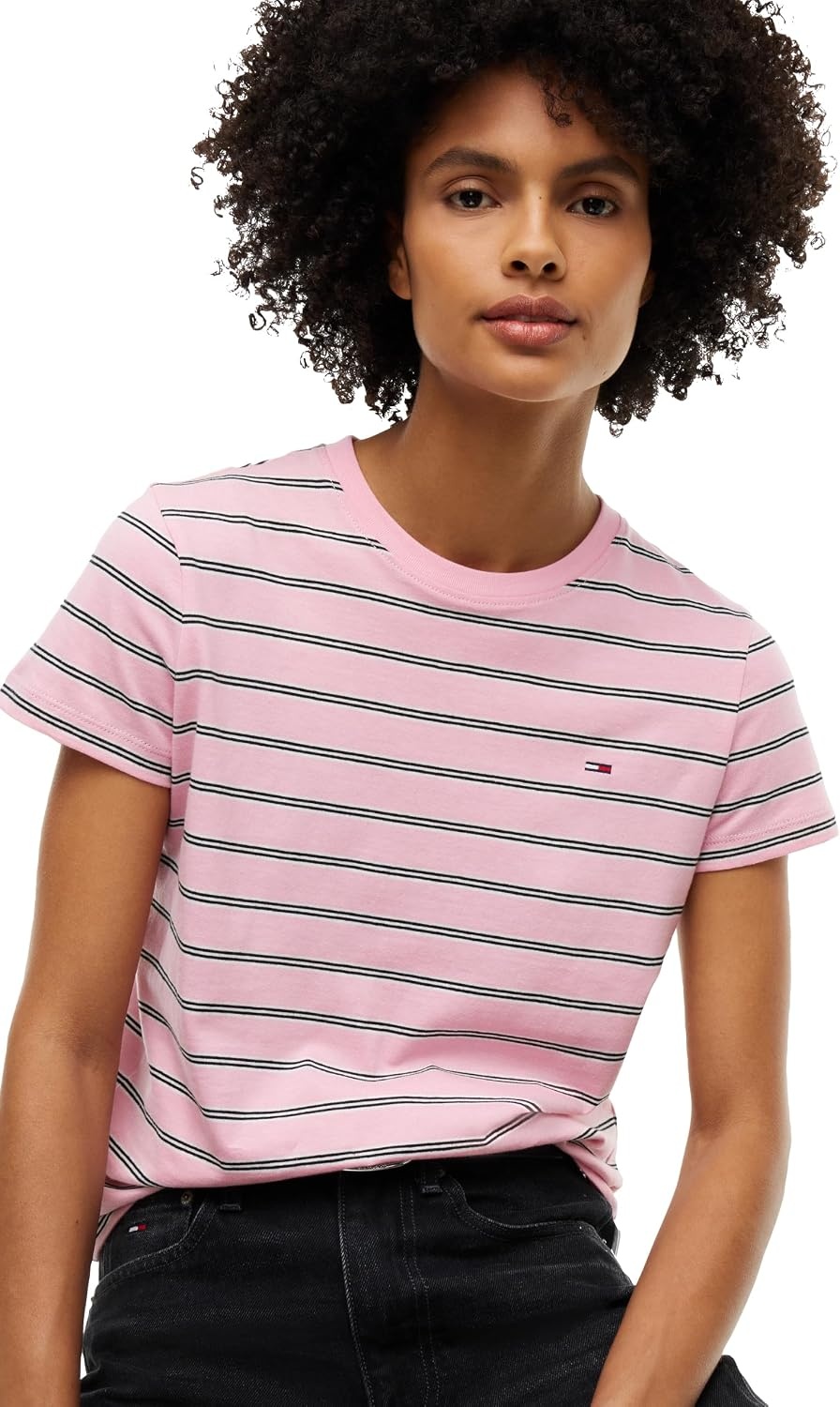 image:imageTommy Jeans Womens Short Sleeve Striped Cotton Jersey Graphic Crewneck TShirtsPink Sugar Stripe