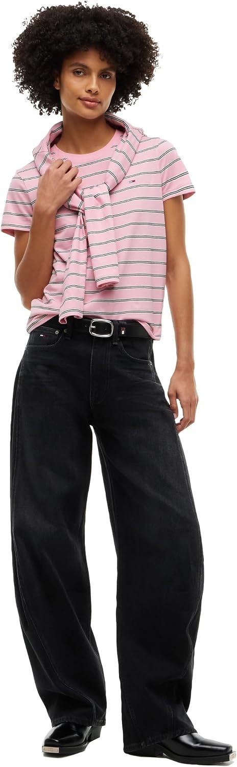image:imageTommy Jeans Womens Short Sleeve Striped Cotton Jersey Graphic Crewneck TShirtsPink Sugar Stripe
