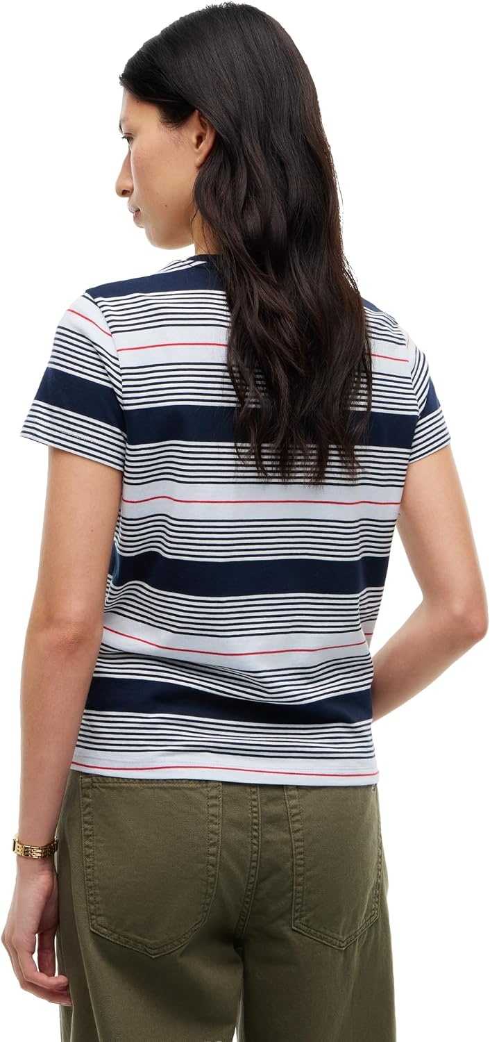 image:imageTommy Jeans Womens Short Sleeve Striped Cotton Jersey Graphic Crewneck TShirtsSheer Blue Multi Stripe