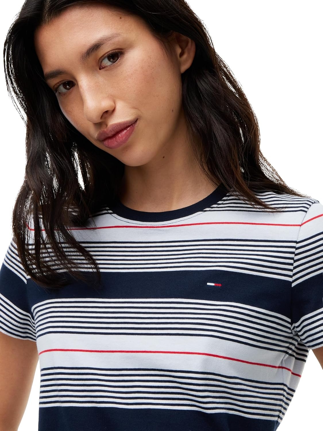 image:imageTommy Jeans Womens Short Sleeve Striped Cotton Jersey Graphic Crewneck TShirtsSheer Blue Multi Stripe