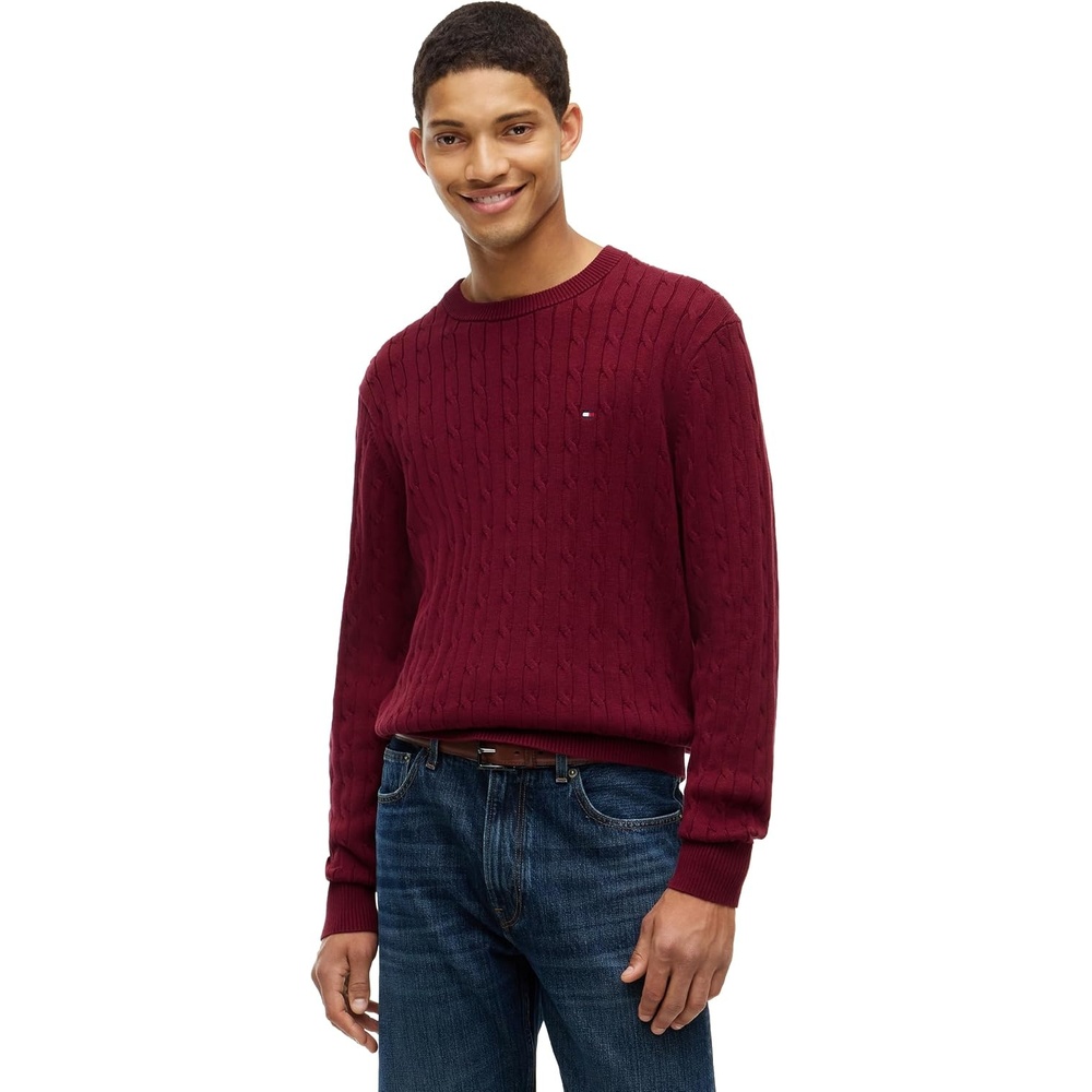 image:imageTommy Hilfiger Mens Cable Knit Crewneck Sweater Lightweight PulloverBurgundy