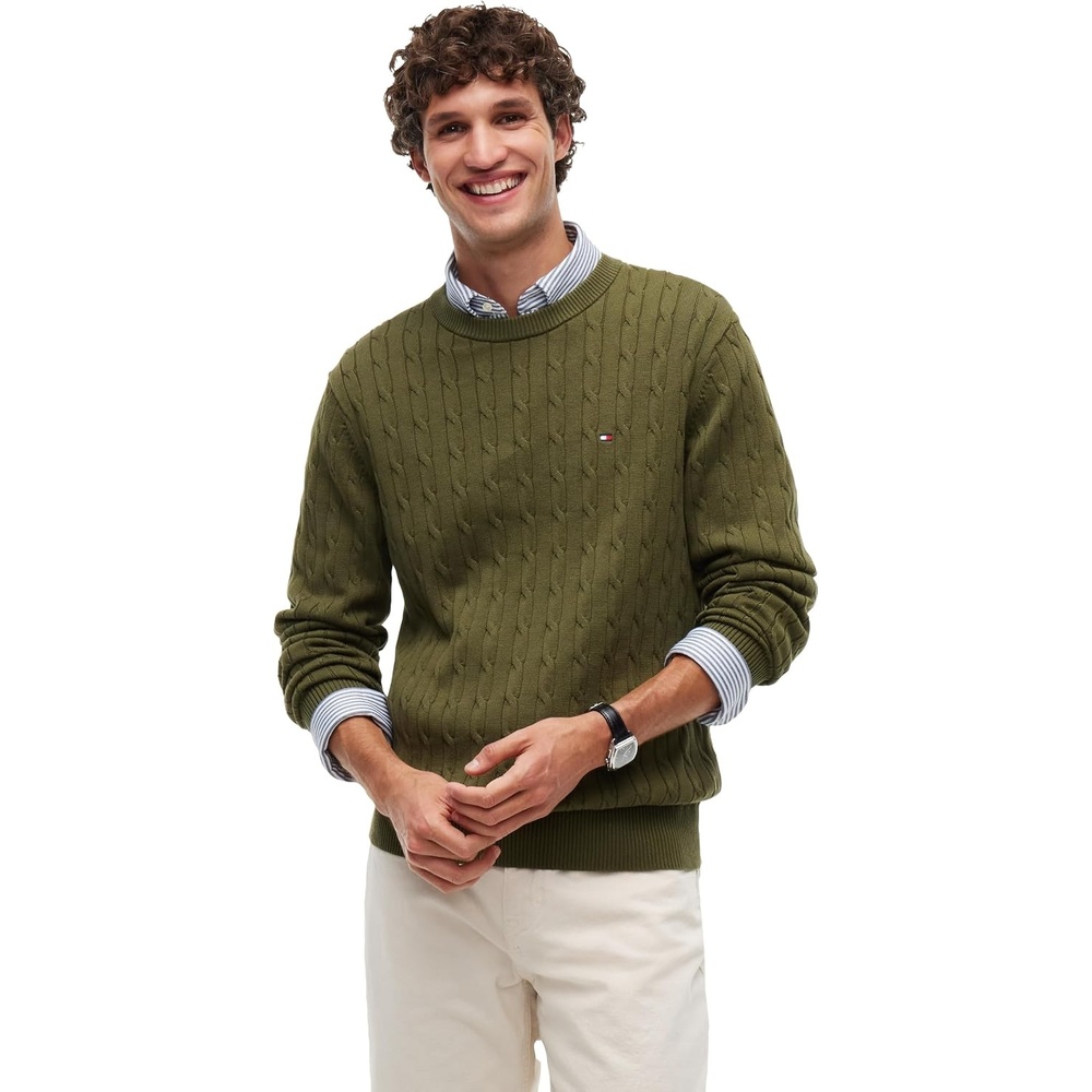 image:imageTommy Hilfiger Mens Cable Knit Crewneck Sweater Lightweight PulloverHuntsman Green
