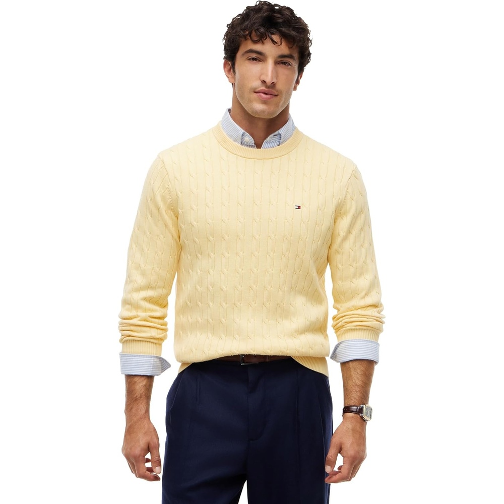 image:imageTommy Hilfiger Mens Cable Knit Crewneck Sweater Lightweight PulloverLight Daffodil